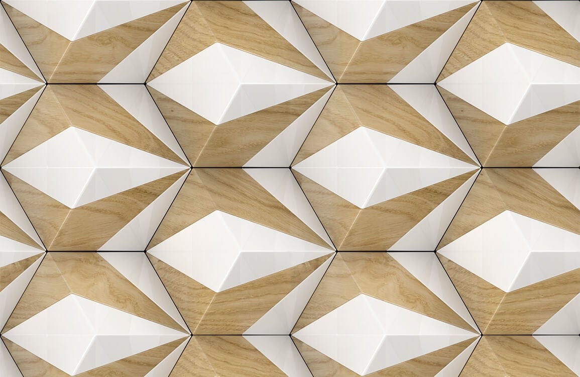 3D Geometric Diamond Pattern Wallpaper in Natural Wood and White Tones