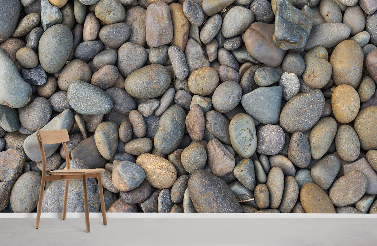Natural Pebble Pattern Wallpaper, Earthy Tones, Wooden Chair, Grey Flooring, Tranquil Space, Living Room.