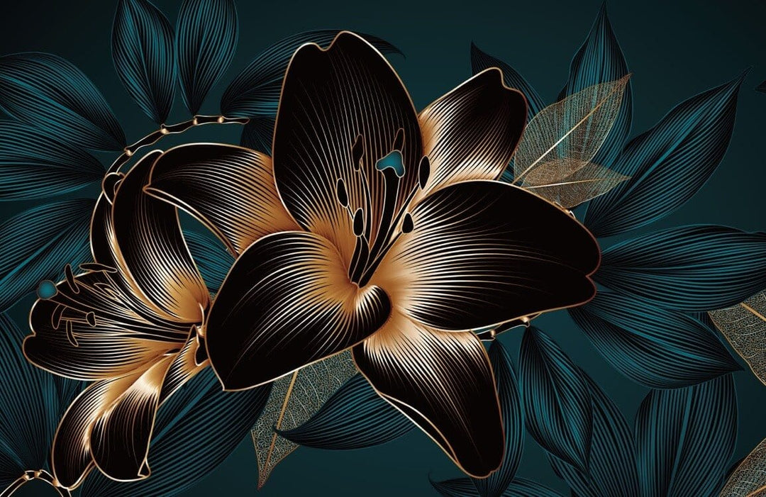 Luxurious Teal and Gold Floral Botanical Mural Wallpaper - Elegant Design