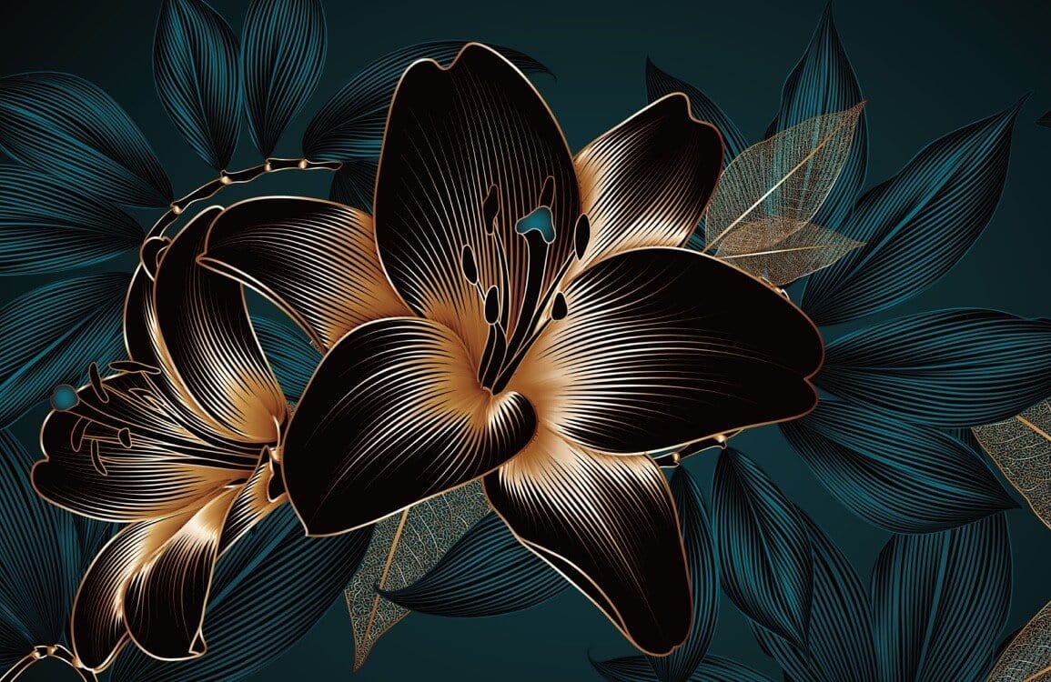 Luxurious Teal and Gold Floral Botanical Mural Wallpaper - Elegant Design