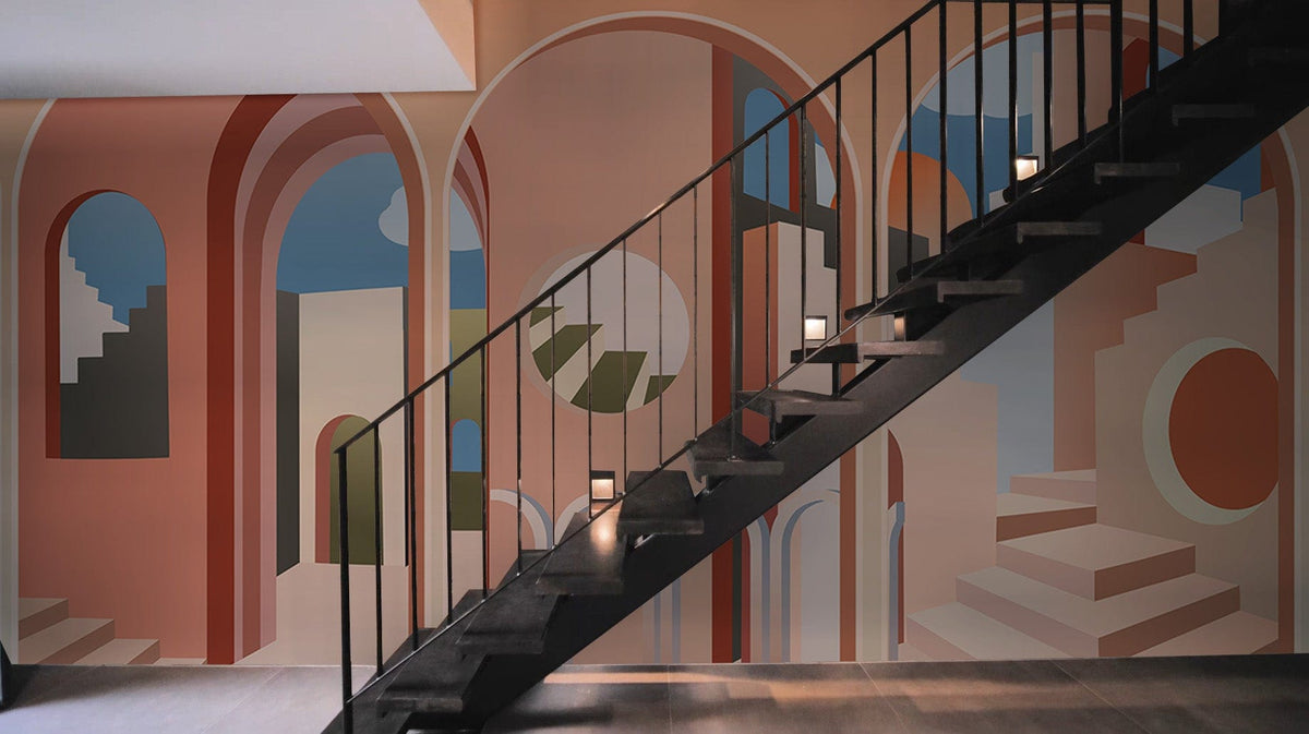 Abstract Architectural Pastel Mural Wallpaper with geometric staircase, wooden floor, metal railing staircase design.