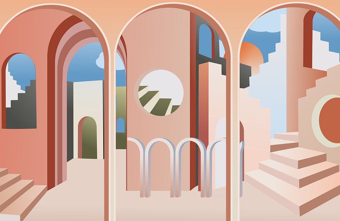 Abstract Architectural Pastel Mural Wallpaper with Geometric Staircase Design