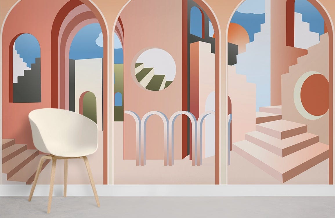 Abstract mural wallpaper with geometric staircase design, white chair, neutral flooring, pastel wall art.