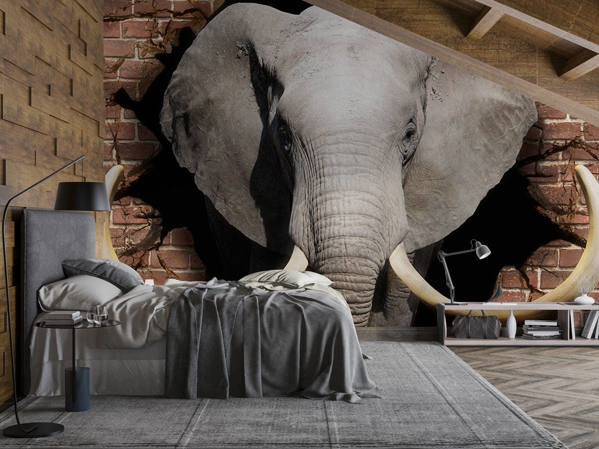Elephant mural wallpaper with grey bed, rustic wooden walls, grey flooring, modern room decor, bold design.