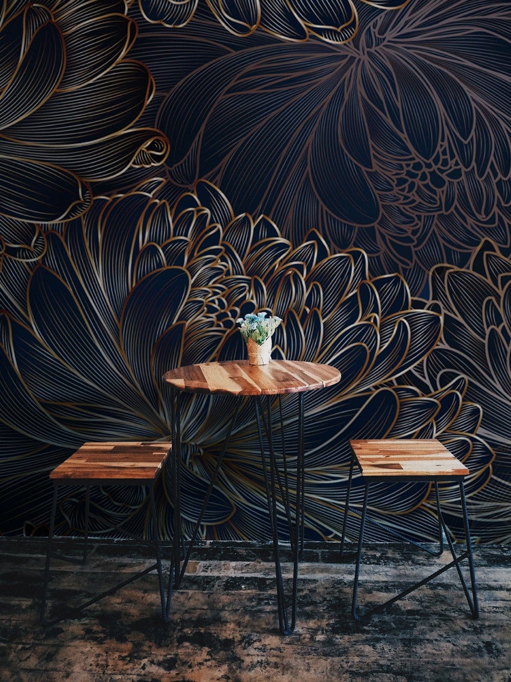 Elegant dark floral wallpaper with gold accents, modern café setting, wooden tables, metal stools.