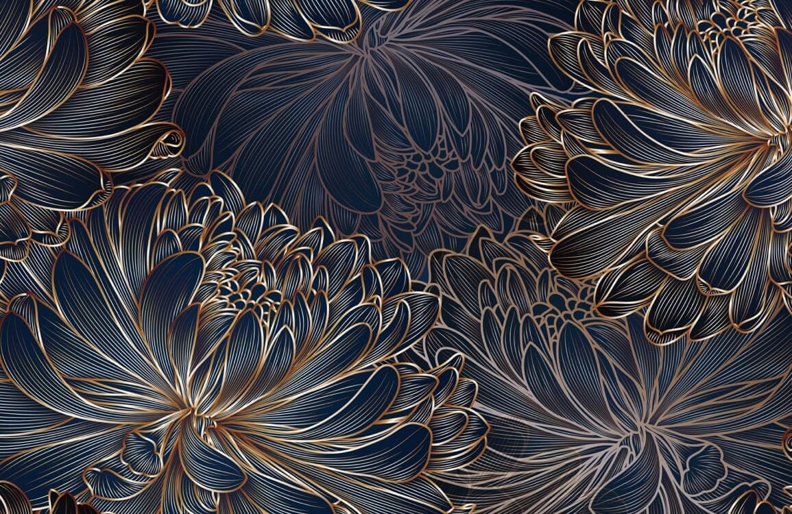 Elegant Dark Floral Pattern Wallpaper with Gold Accents: Luxurious Modern Design
