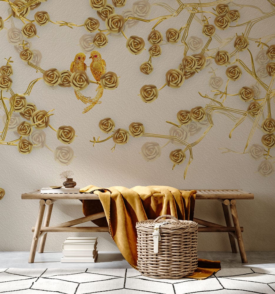 Luxurious golden floral bird mural wallpaper with elegant nature-inspired design and wicker bench in living room.