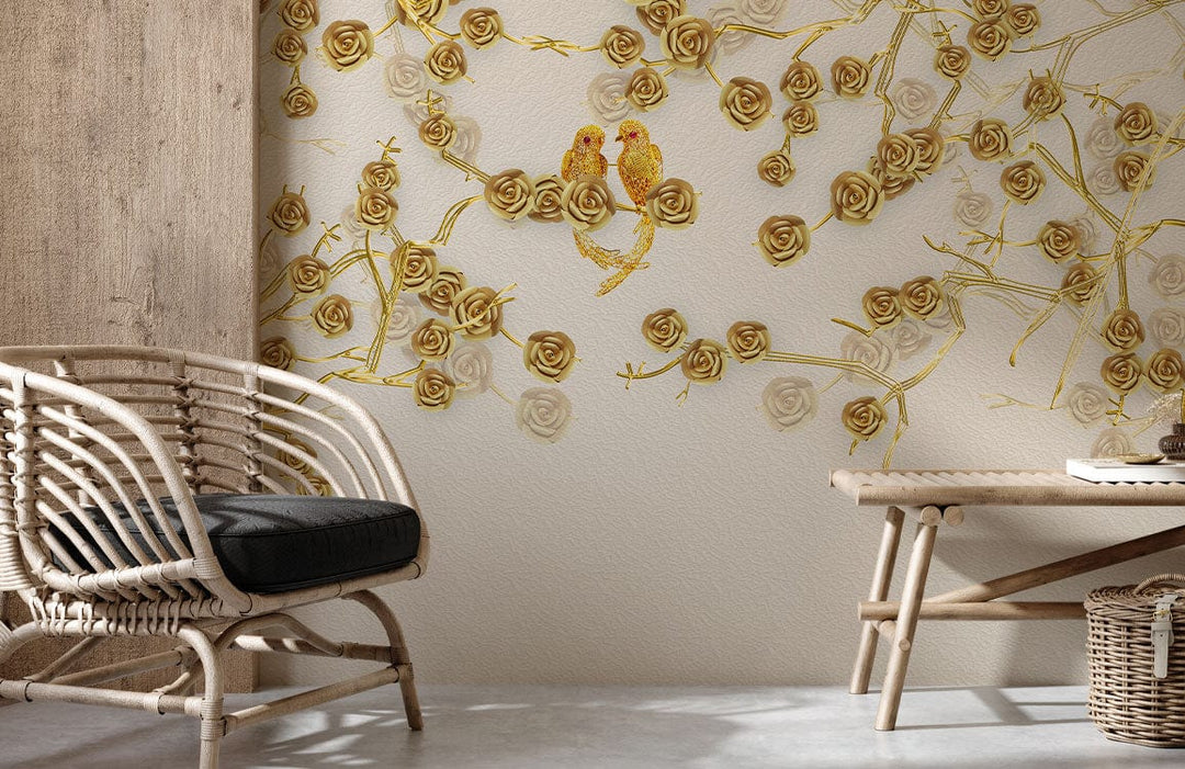 Luxurious Golden Floral Bird Mural Wallpaper with rattan chair, neutral walls, and wooden bench.