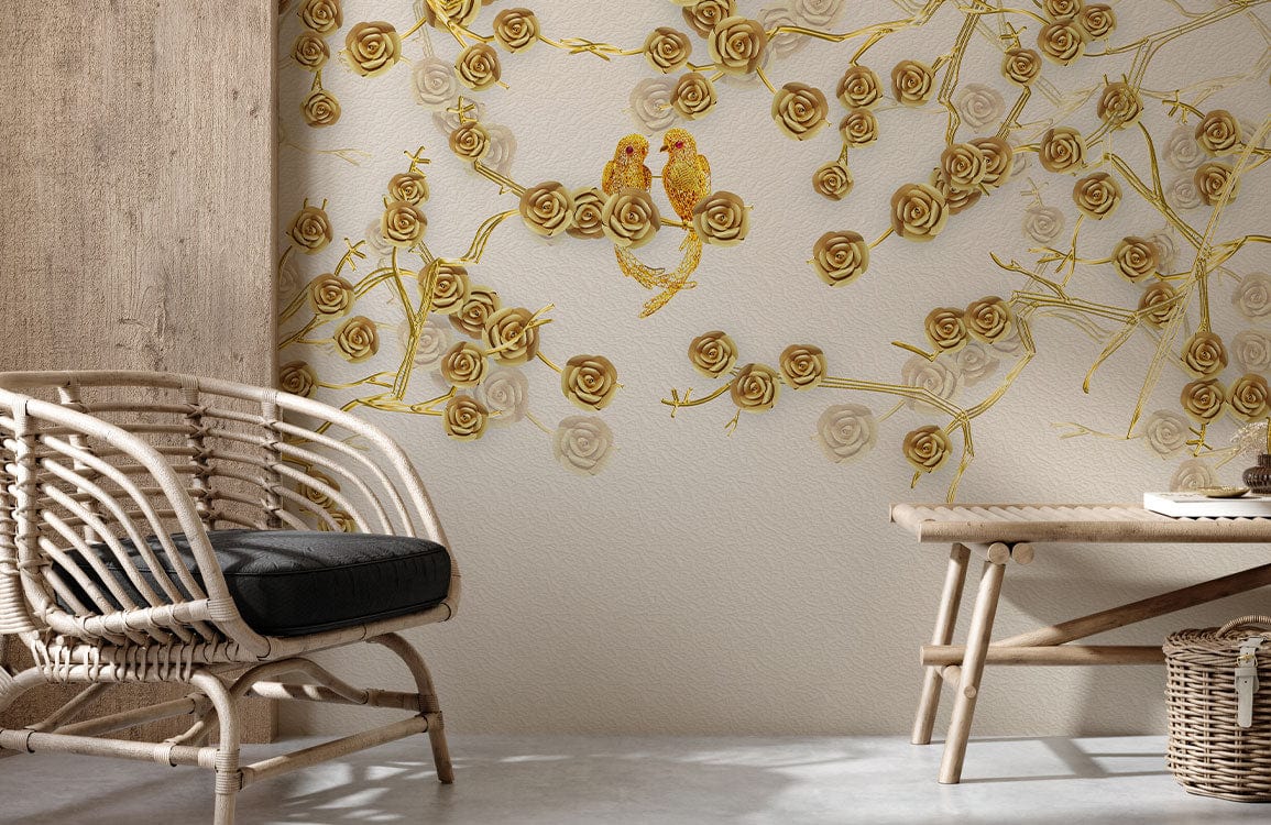 Luxurious Golden Floral Bird Mural Wallpaper with rattan chair, neutral walls, and wooden bench.