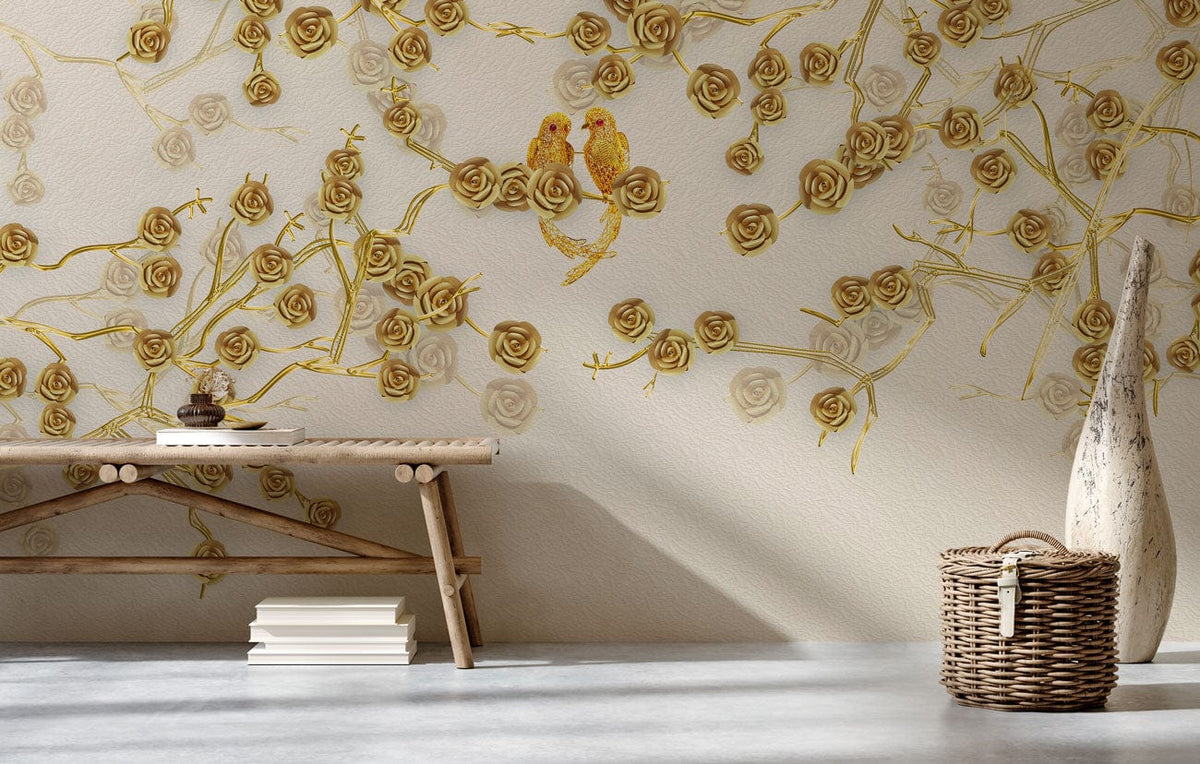 Luxurious golden floral bird mural wallpaper enhances rustic wooden bench in contemporary living room.