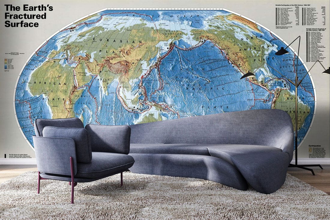 Grey modern sofa, armchair, light wood flooring, and Vintage Earth Map Mural creating educational decor.