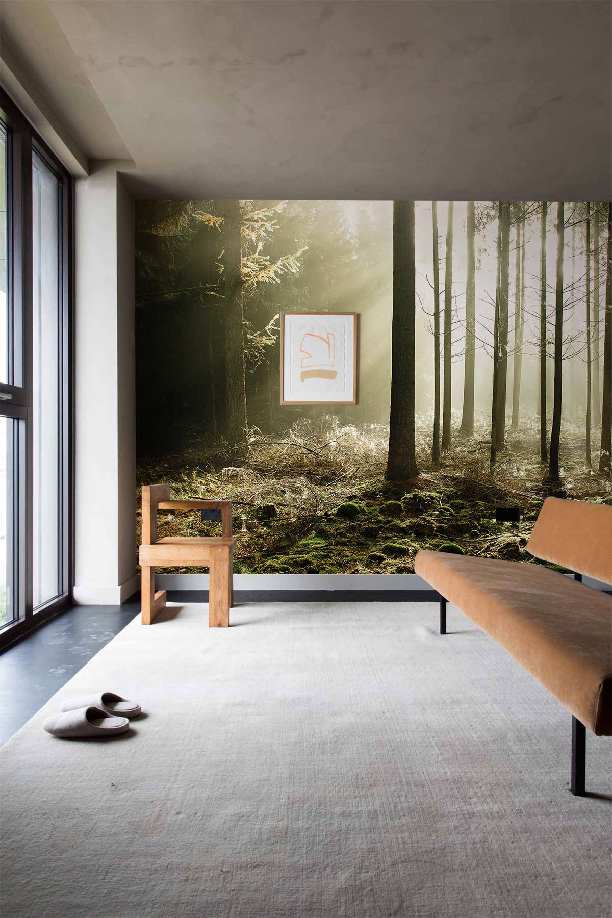Serene Woodland Mural in living room with tan sofa, wooden chair, and light grey carpet.
