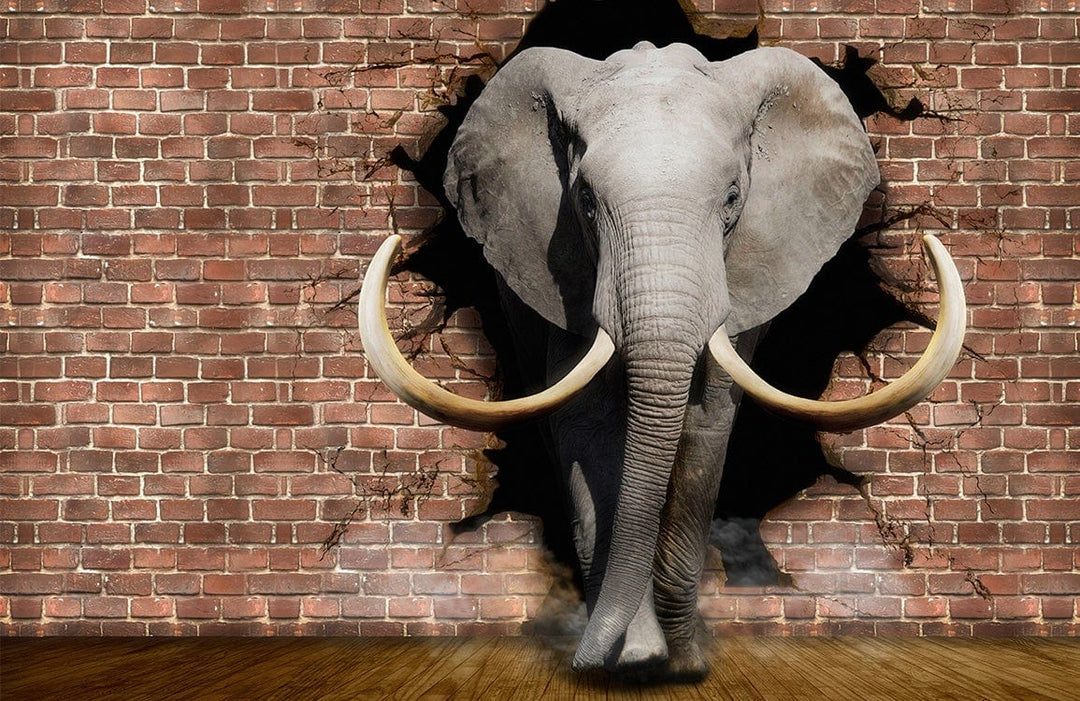 Elephant Wall Breakthrough Mural Wallpaper - Bold Statement Rustic Decor