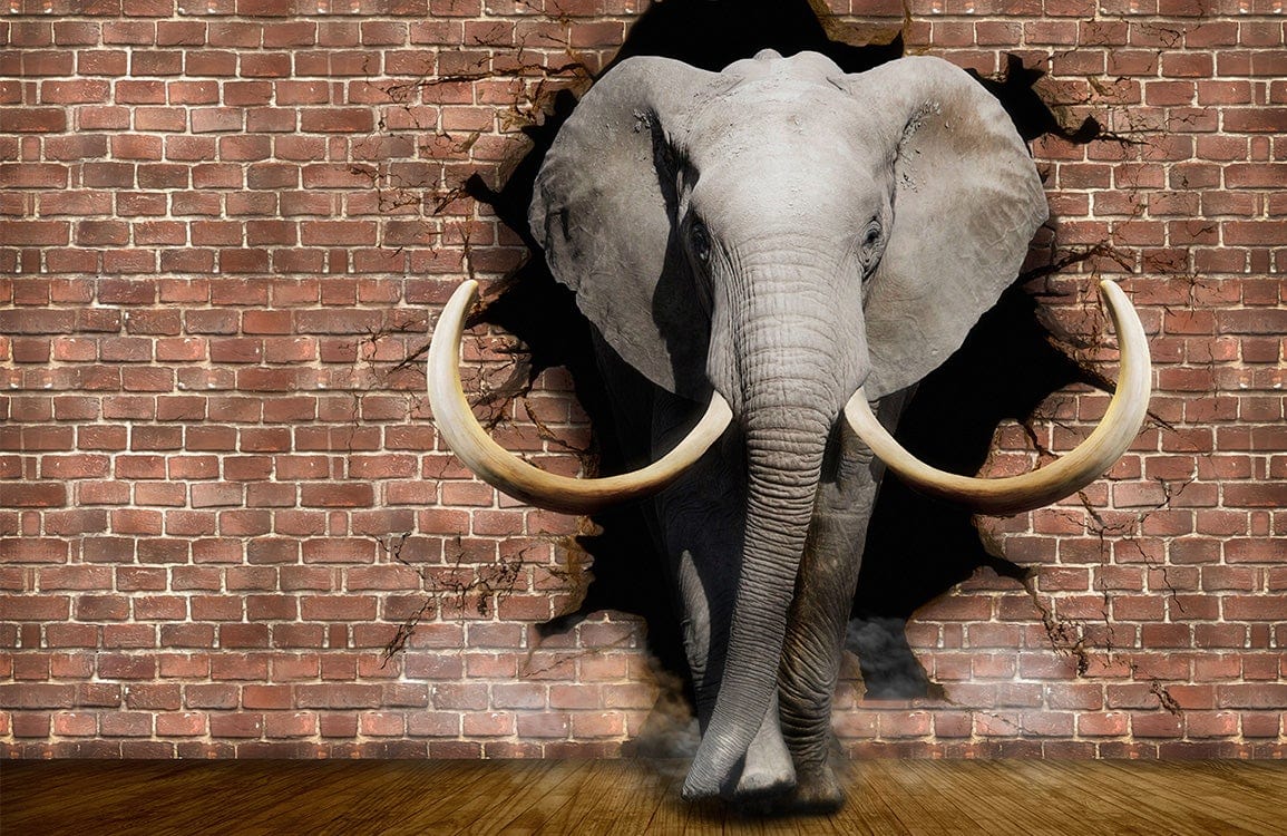 Elephant Wall Breakthrough Mural Wallpaper - Bold Statement Rustic Decor