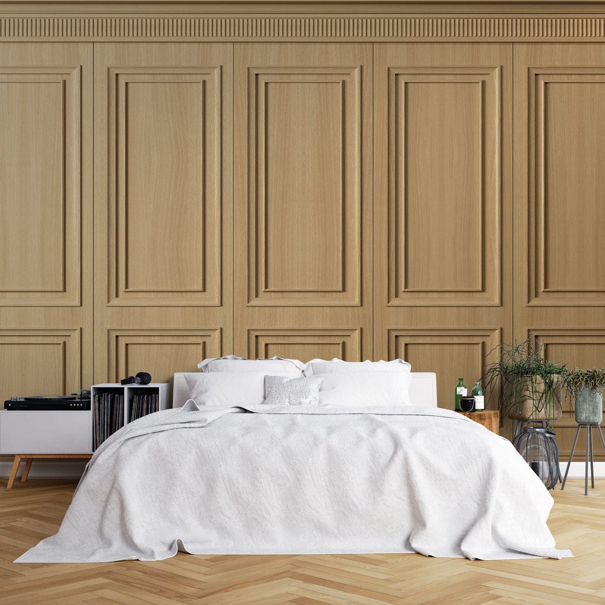 Elegant oak panelling wallpaper with white bedding, herringbone flooring, bedroom setting, timeless interior design.