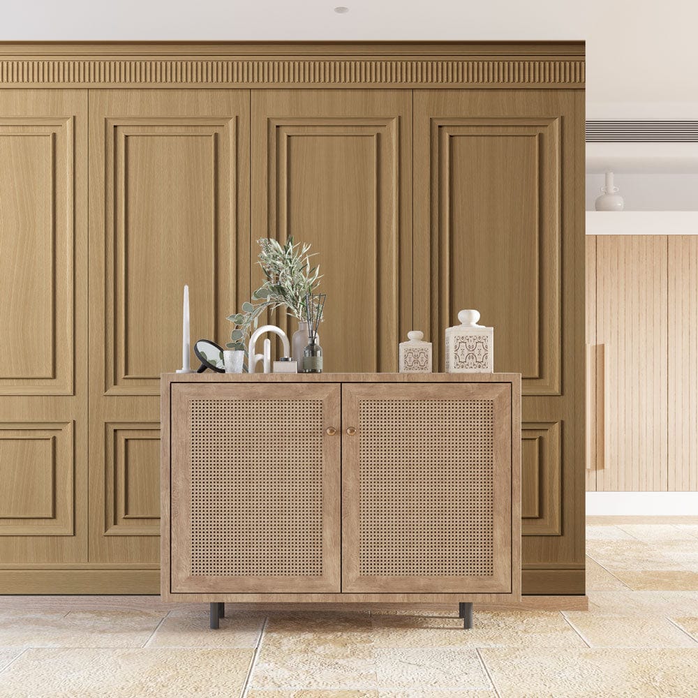 Elegant Oak Panelling Wallpaper behind wooden cabinet, beige tile flooring in modern interior setting.