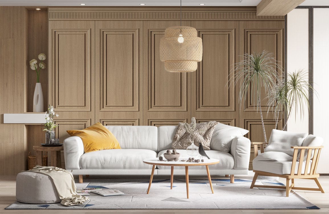 Elegant Oak Panelling Wallpaper, classic wood texture, with white sofa, light wood flooring, living room.