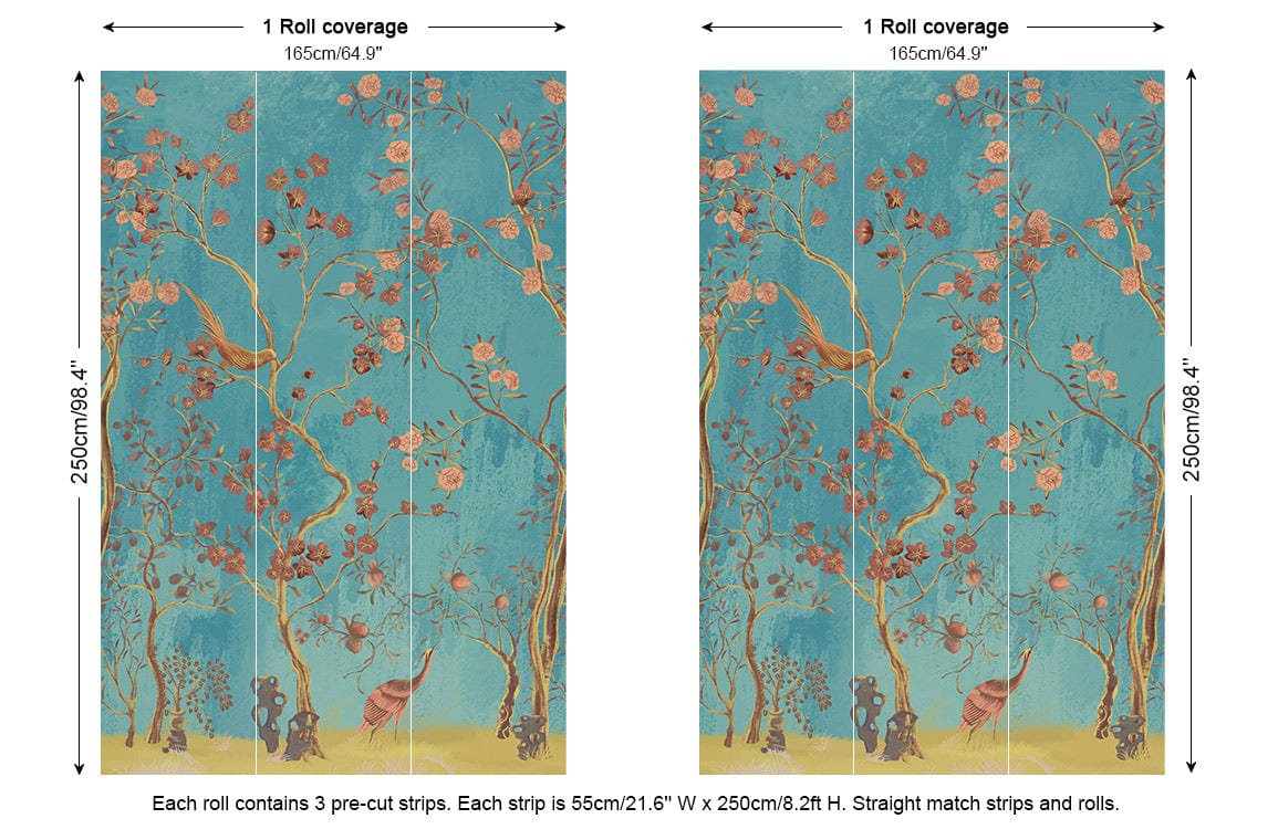 Elegant teal wallpaper with golden flora, birds; dimension of Elegant Teal Chinoiserie Wallpaper shown.