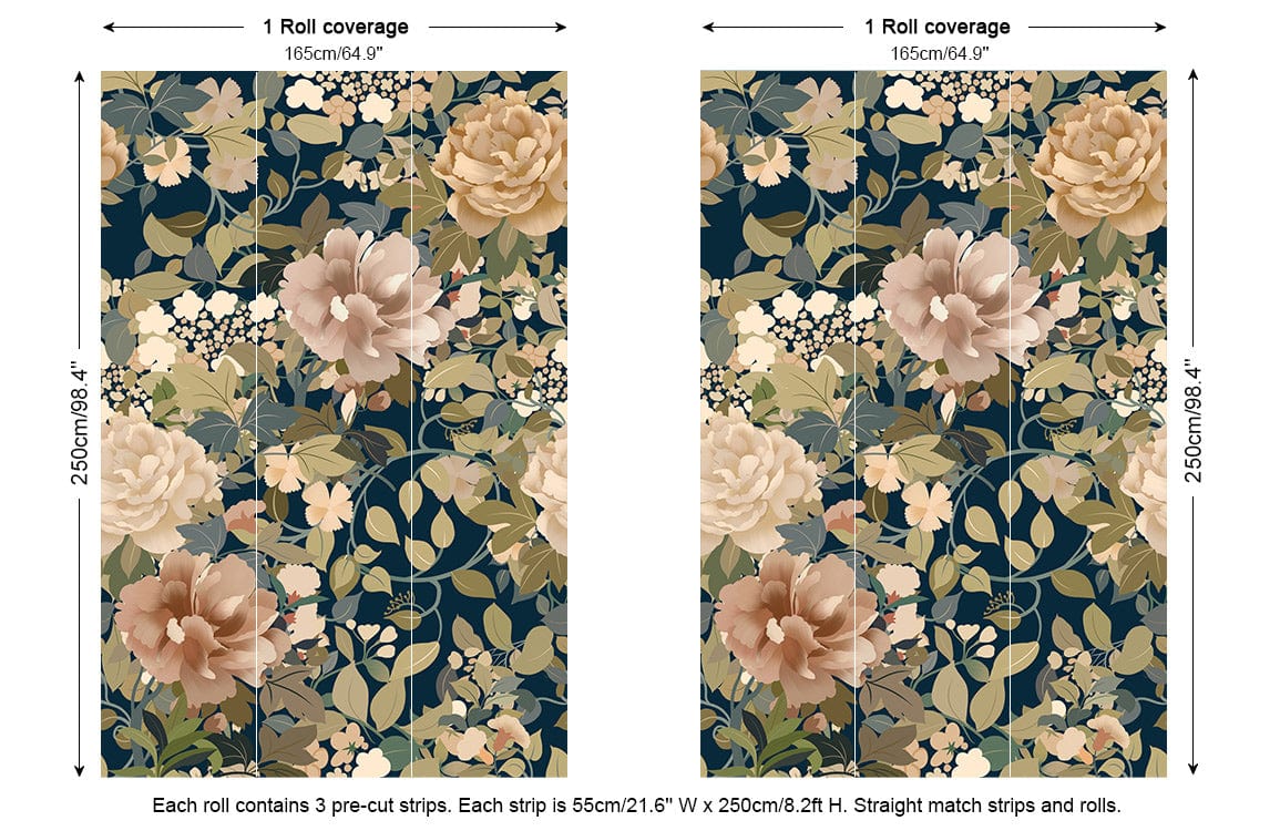 Vintage Floral Garden Mural Wallpaper, earthy tones, dimension 165cm x 250cm, floral patterned wallpaper.