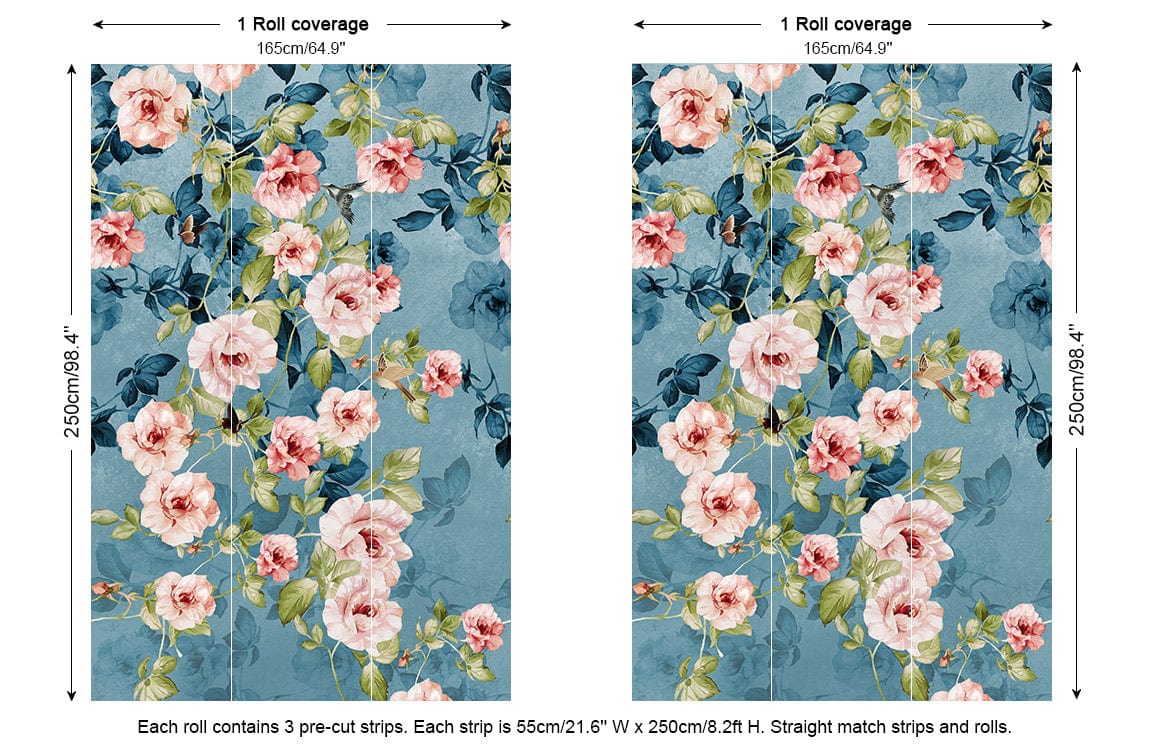 Vintage Floral Blossom Wallpaper with blue-pink roses, elegant botanical design, dimensions included.