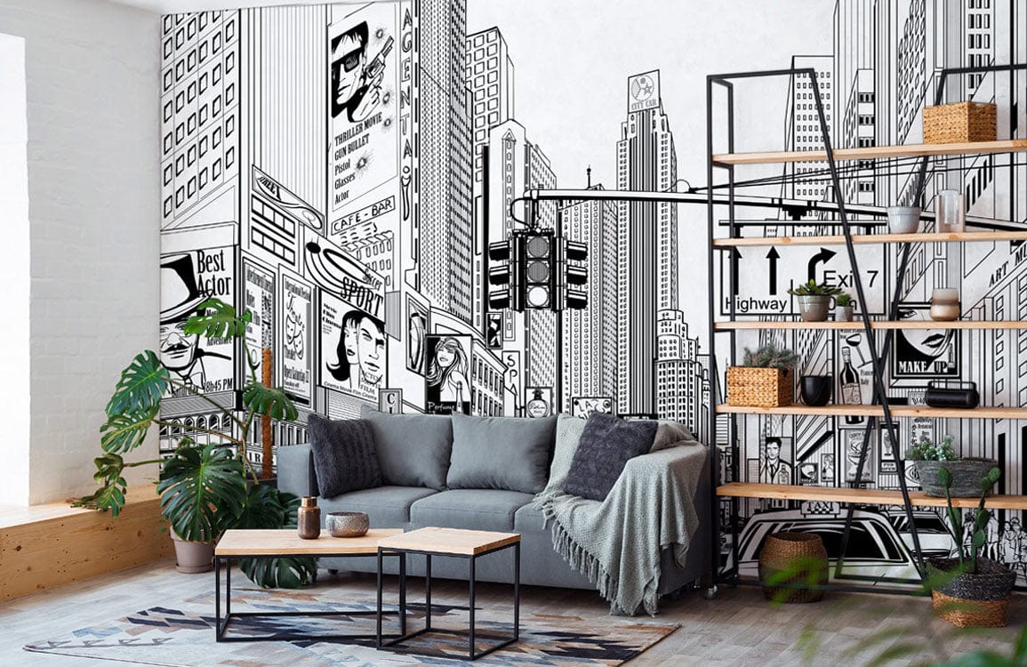 Monochrome urban cityscape mural, grey sofa, wooden shelves, modern living room, stylish interior design.