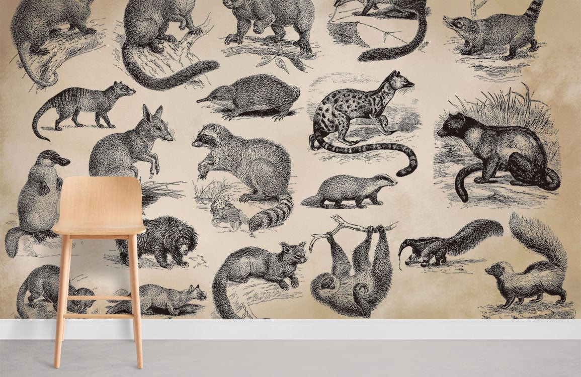 Vintage wildlife sketch mural wallpaper in sepia tones, featuring animals. Light wood chair, grey flooring.