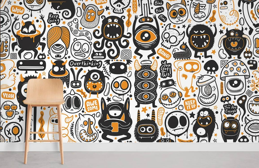 Playful doodle monster mural wallpaper pattern with wooden stool, white wall, and grey floor in room.