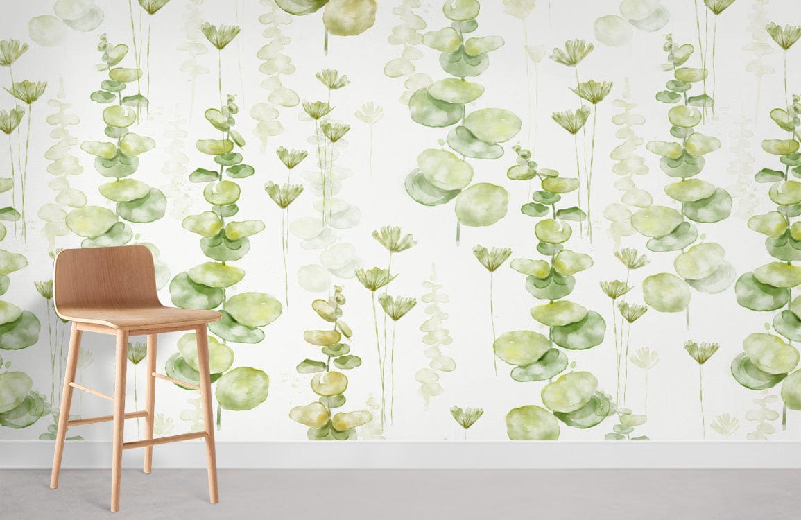 Tranquil Greenery Watercolour Eucalyptus wallpaper in a minimalist room with wooden chair and grey floor.