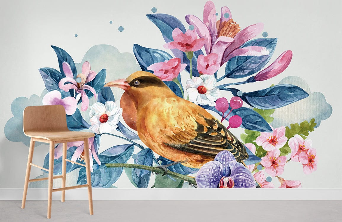 cute bird stand on flowers branch wall murals for home