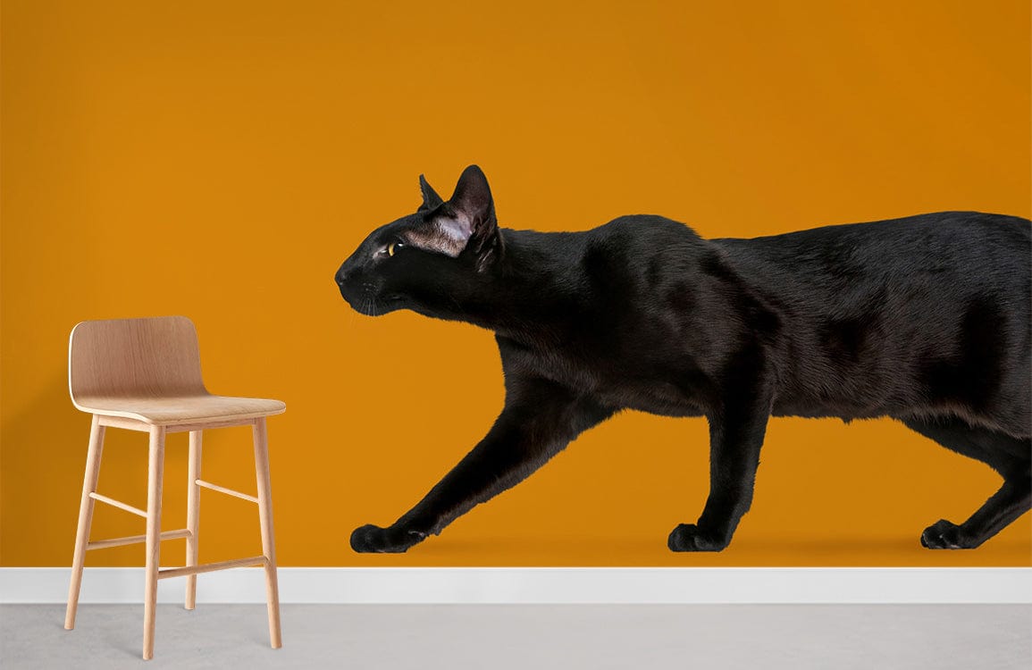 Mystical black cat silhouette wallpaper with chair, sleek mustard background, modern interior design.