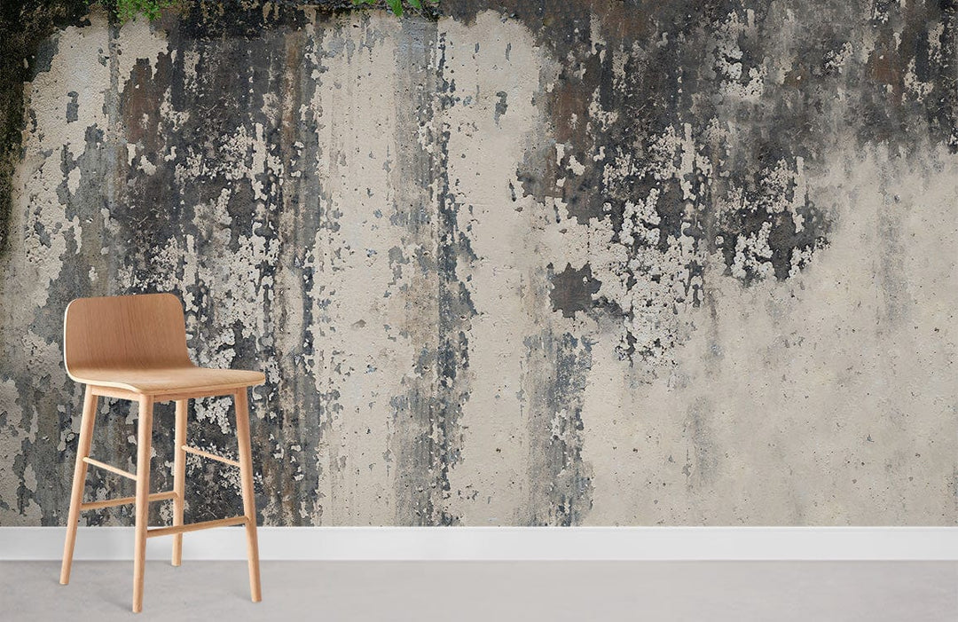 'Vintage Industrial Grunge Wall Mural in grey, room with wooden stool, grey flooring, rustic style.'