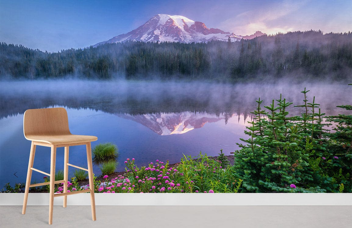 Tranquil Mountain Lake mural wallpaper with wooden chair, serene landscape, wall art decoration.
