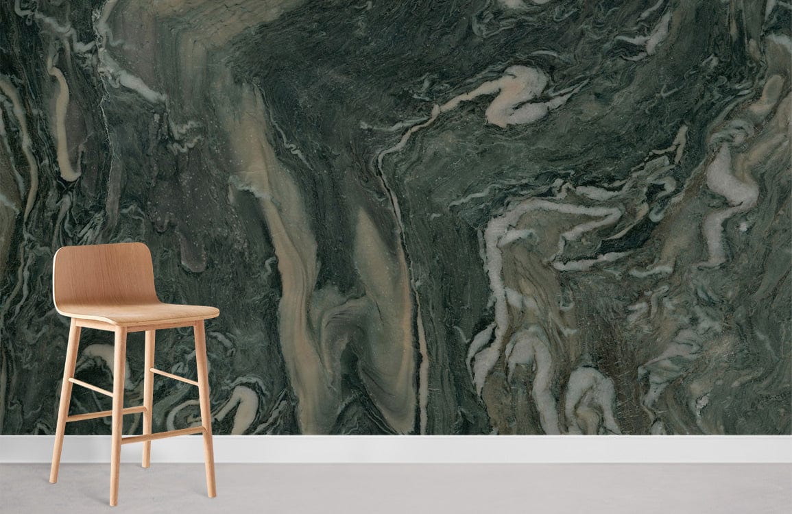 Sophisticated green marble effect wallpaper with swirl patterns, light wood bar stool, elegant room design.