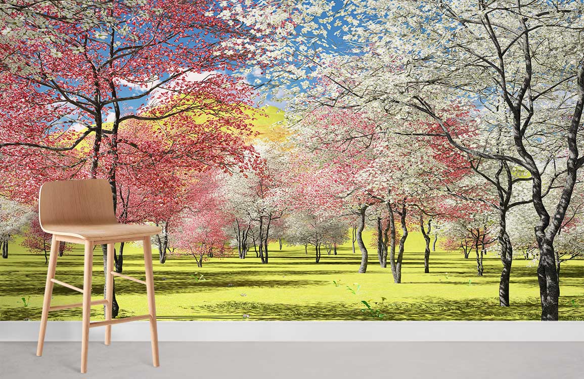Spring Blossom Wonderland Mural Wallpaper with wooden bar stool, grey flooring, depicting pink and white trees.