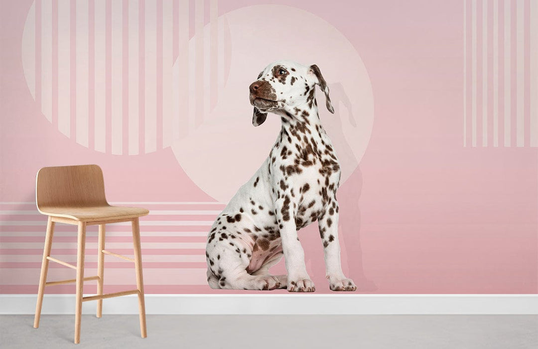 Dalmatian Delight wallpaper with modern pastel pink circles, wooden chair, and grey flooring in room.
