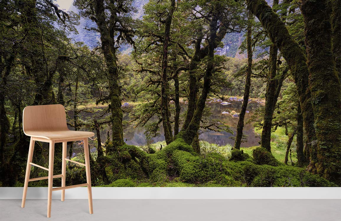 Wooden chair, Enchanted Forest Green Scenic Nature Mural Wallpaper Landscape Design, nature-themed room.