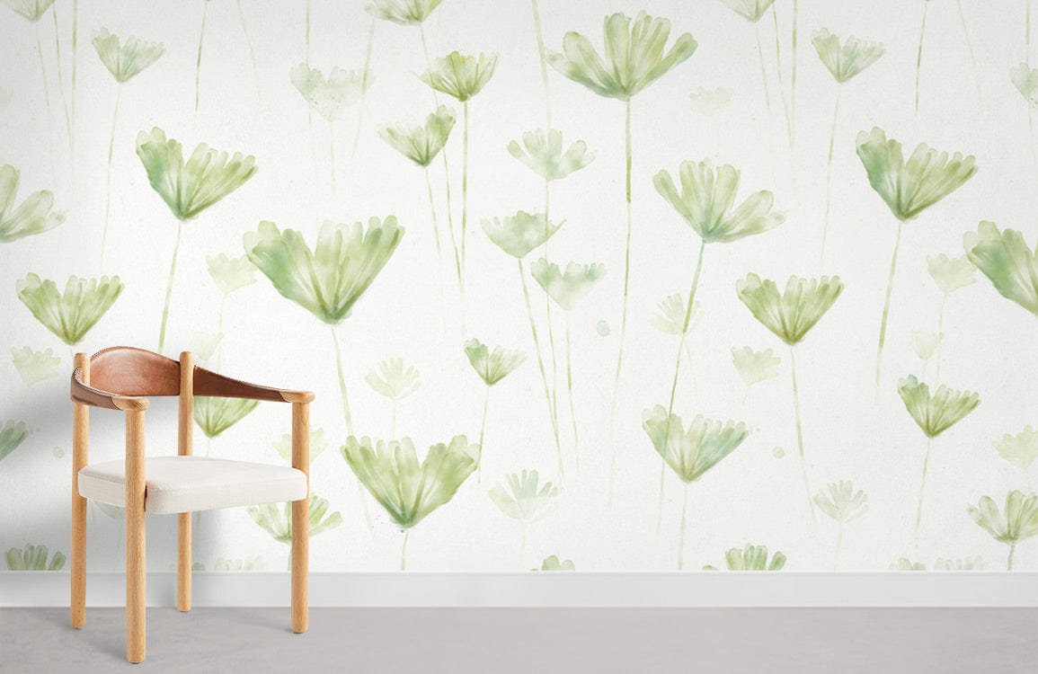 Serene Green floral mural wallpaper with wooden chair; ideal for tranquil, minimalist room settings.
