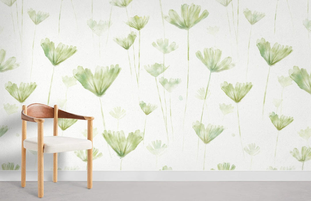 Serene Green floral mural wallpaper with wooden chair; ideal for tranquil, minimalist room settings.