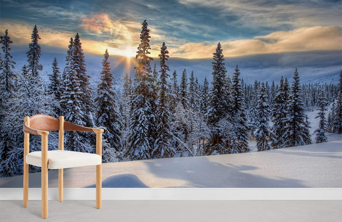Winter Forest Landscape Mural Wallpaper with snowy pine trees, sunlit sky, modern chair, grey floor.