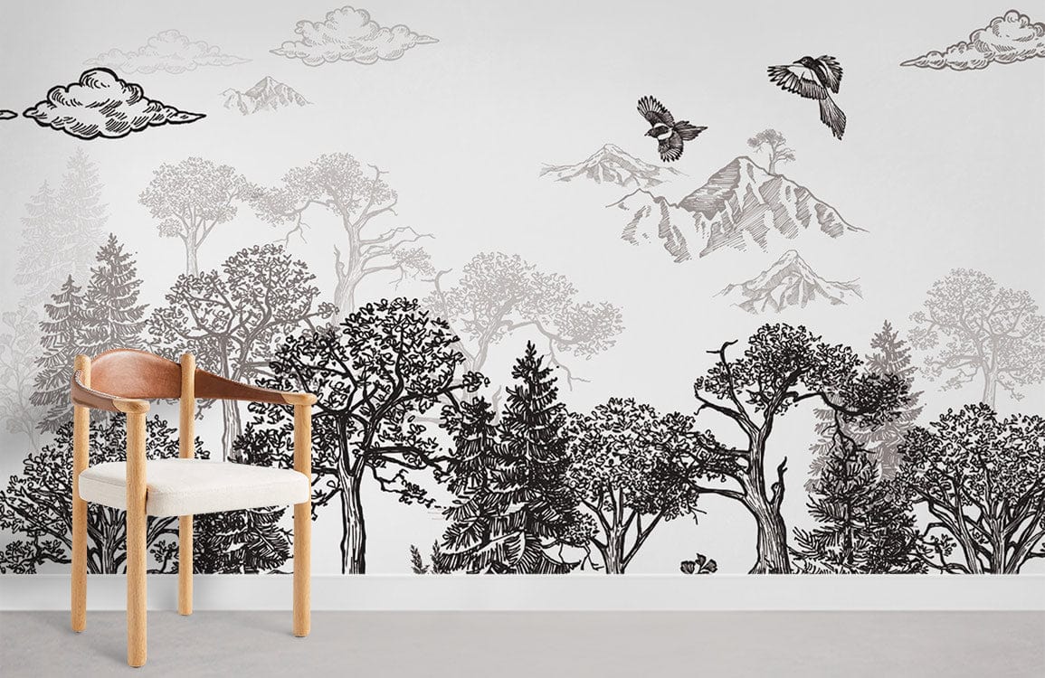 Mountains & Trees Sketch Wallpaper Mural Room