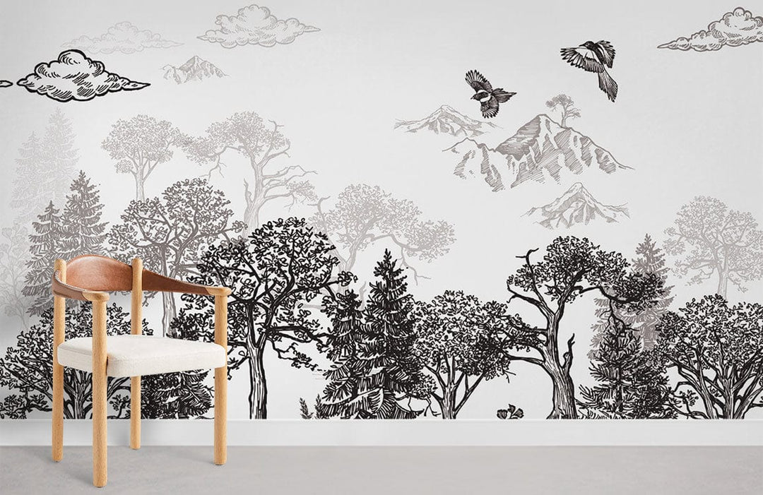 Monochrome Woodland Landscape Mural Wallpaper; elegant nature-themed room with stylish wooden chair, grey flooring.