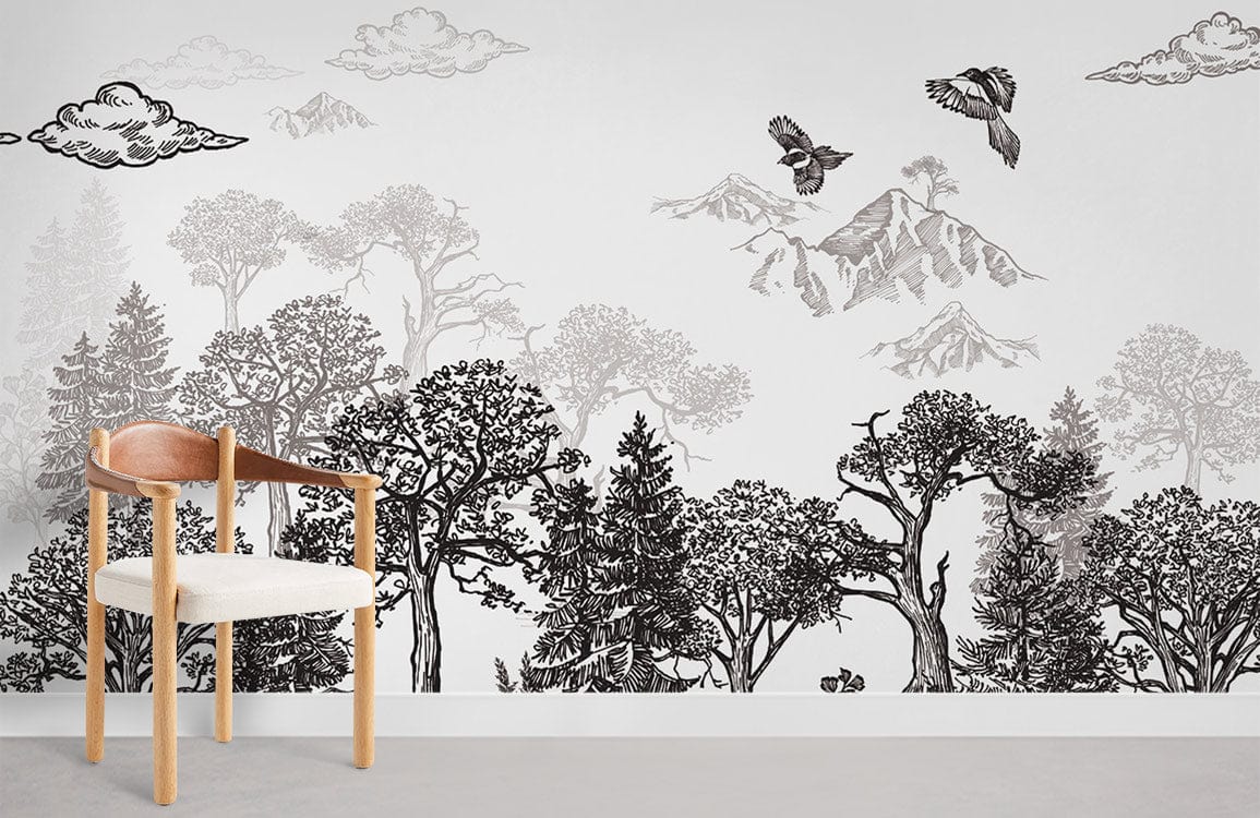 Monochrome Woodland Landscape Mural Wallpaper; elegant nature-themed room with stylish wooden chair, grey flooring.