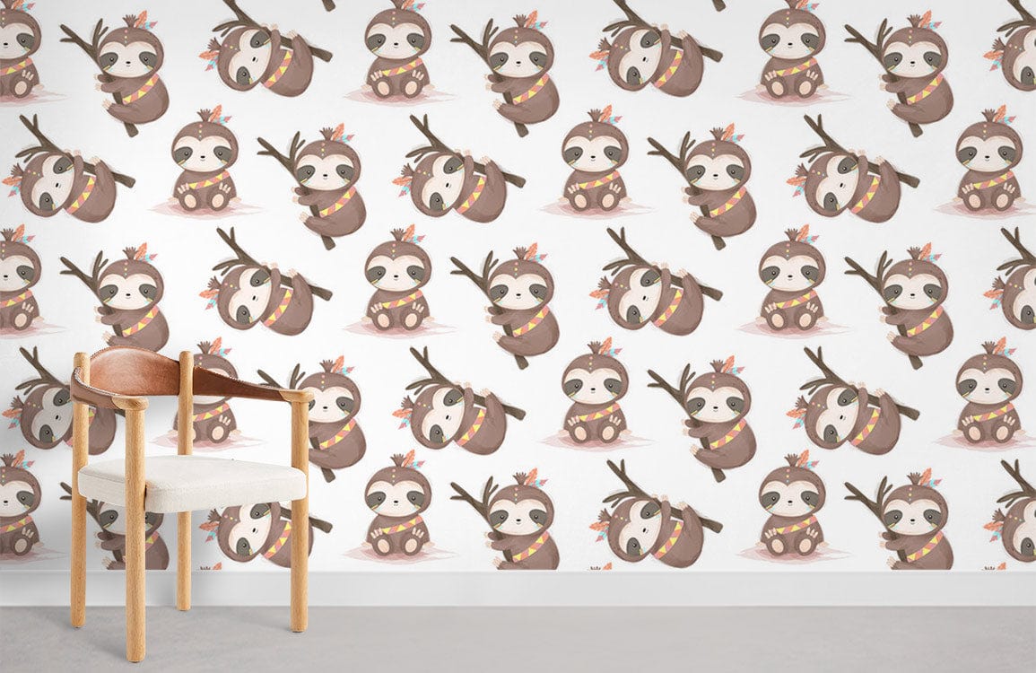 Adorable sloth and reindeer wallpaper in nursery with wooden chair, light grey flooring, cosy decor.