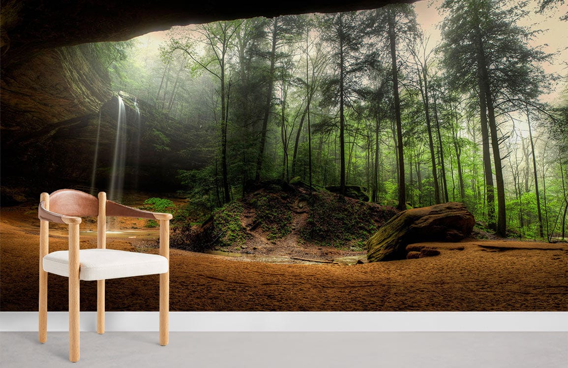Serene Forest Waterfall Mural Wallpaper, modern white chair, grey flooring, natural green atmosphere.