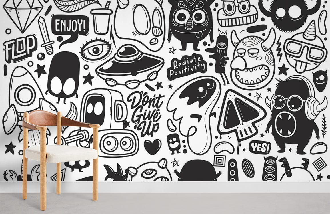 black and white aliens and monsters sketch wallpaper mural