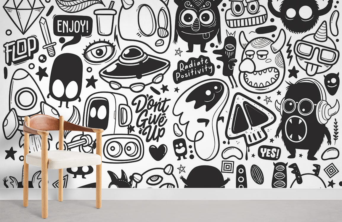 Monochrome doodle mural wallpaper in creative room, featuring modern chair, neutral flooring.