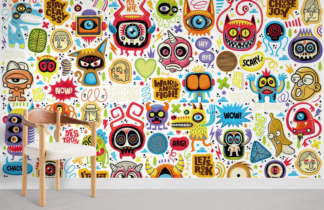 Vibrant Retro Cartoon Monster Mural in pop art style; light wood chair; grey flooring; modern decor.