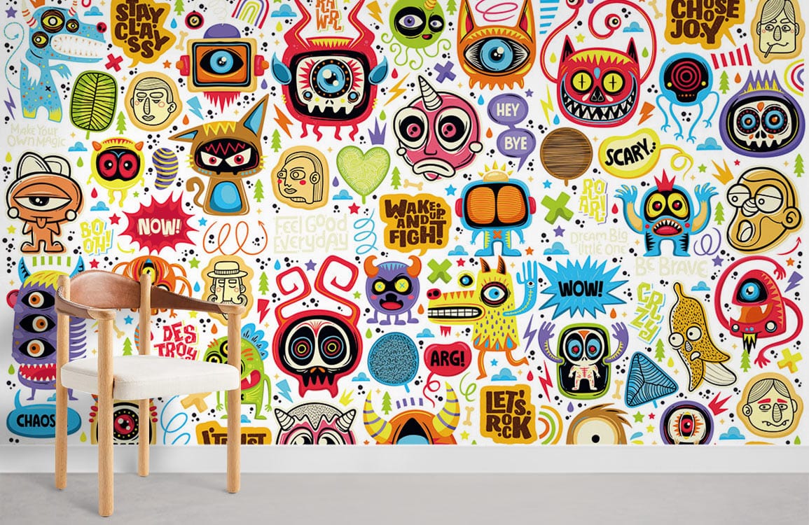 Vibrant Retro Cartoon Monster Mural in pop art style; light wood chair; grey flooring; modern decor.