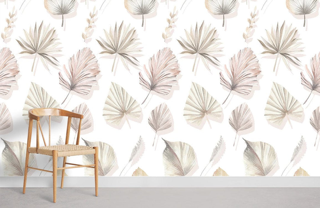 Elegant pastel botanical leaf wallpaper, wooden chair, grey flooring in contemporary interior setting.