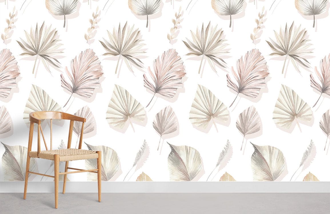 Elegant pastel botanical leaf wallpaper, wooden chair, grey flooring in contemporary interior setting.